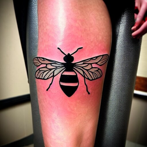 detailed tattoos in the style of bee movie on a female leg, crimson - black color scheme, wearing miniskirt, cinematic seductive lighting, beautiful composition 