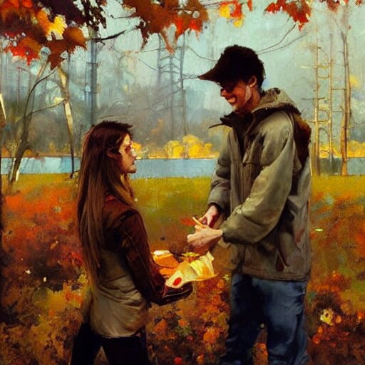 a brother and sister paying catch in autumn. phil hale. rhads. repin. 