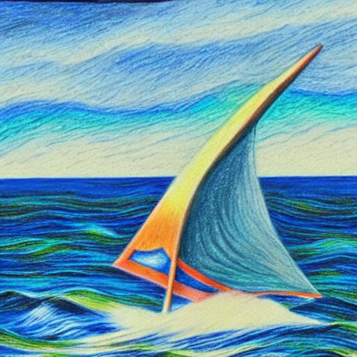  Colored pencil art on paper, Sailboat surfing the waves, highly detailed, artstation, MasterPiece, Award-Winning, Caran d'Ache Luminance