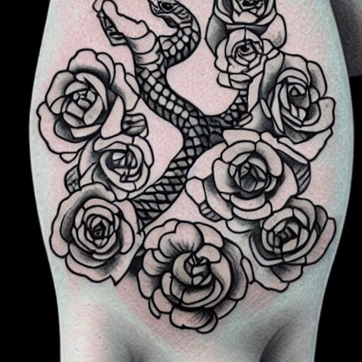 tattoo design, stencil, tattoo stencil, traditional, a snake surrounded by flowers