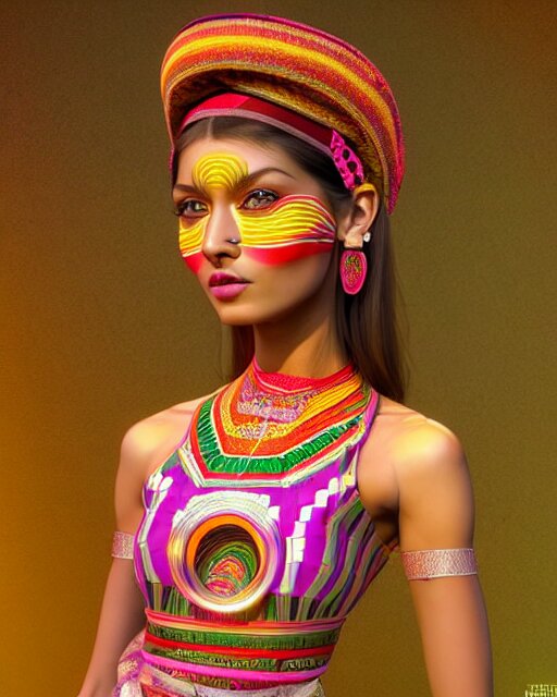a beautiful cute girl wearing modern stylish costume in the style of Assamese bihu mekhela sador gamosa design, commercial fashion design art by Victor Nizovtsev and Josephine Wall, face by artgerm and daz3d genesis iray, cinematic lighting, medium shot, mid-shot, slim female figure ramp walk model pose, highly detailed, trending on Artstation, Unreal Engine 4k, cinema 4d ray traced 8k fabric texture details, octane render, diffused natural skin glow