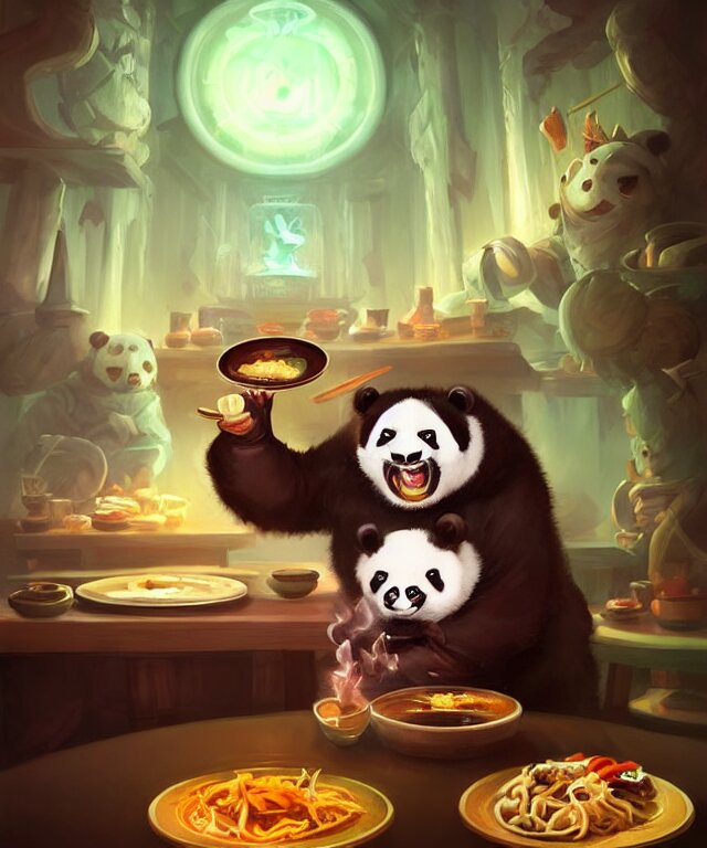 a portrait an anthropomorphic panda mage eating chinese food, wearing mage robes, restaurant in background, cute and adorable, dnd character art portrait, well rendered matte fantasy painting, deviantart artstation, by jason felix by steve argyle by tyler jacobson by peter mohrbacher, cinematic lighting 