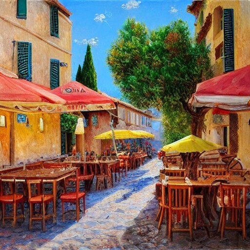 a traditional pizzeria in the street of a small village on the riviera. a terrace in the shade of a hundred - year - old olive tree, a friendly atmosphere around pizzas and rose wine. dolce vita. unreal engine rendering, hyper realist, ultra detailed, oil painting, warm colors, happy, impressionism, da vinci, 4 k, 