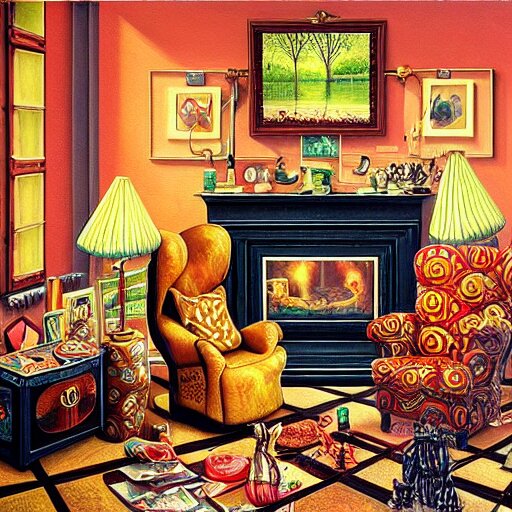 a painting of a living room filled with furniture, a surrealist painting by jacek yerka, cgsociety, fantastic realism, maximalist, surrealist, detailed painting 