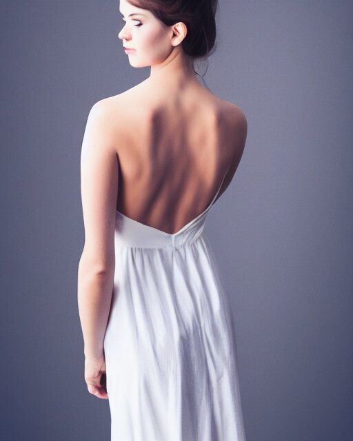 watercolor picture of a beautiful young woman in white dress, from the back, looking at the camera, high key, 8k