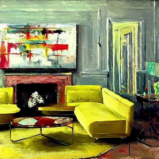 a modern living room with green sofa, red carpet and yellow table, painting by jeremy mann 