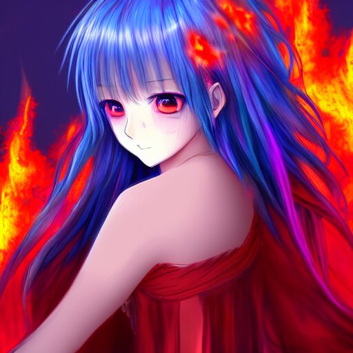 advanced digital anime art, a very cute gorgeous teenage girl made of fire and ice with red fiery watery eyes glancing over her left shoulder wearing a dress made of water is standing in an apocalyptic burning city, full body, full round face, dramatic cinematic lighting, highly intricately detailed, trending on pixiv, Artstation, painted by Rossdraws and the style of Sakimimichan