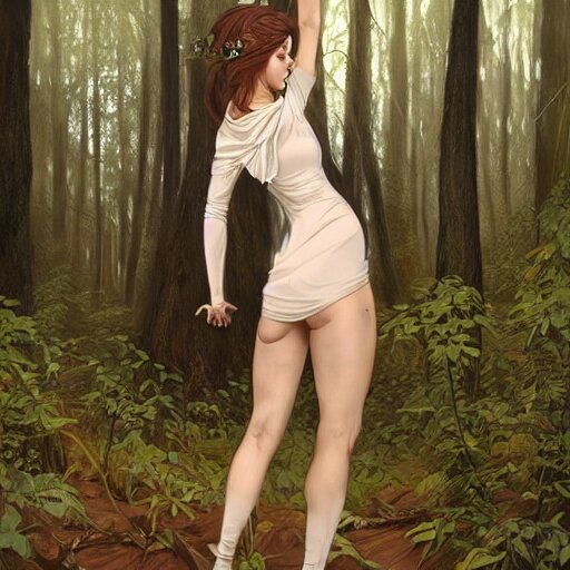 full body portrait of a female wearing a skintight dress in a forest, large thighs, perfect face, intricate, elegant, highly detailed, digital painting, artstation, smooth, sharp focus, illustration, art by artgerm and greg rutkowski and alphonse mucha, 8 k 