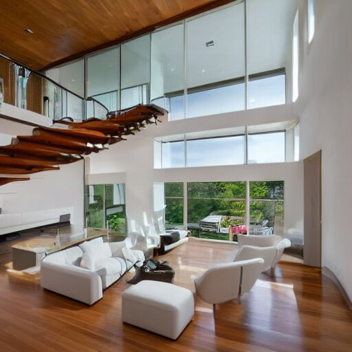 A modern style living room with floor to ceiling glass windows on the left and wooden stairs going upstairs on the right, two white sofas with a white marble table in the center, stairs to the second floor, 8k resolution, professional interior design photograph, wide angle photograph