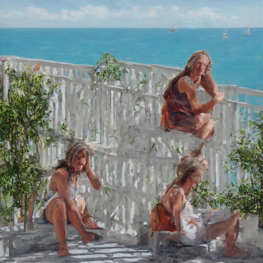 a beautiful woman with freckles sitting on the porch of a one-story house in the caribbean watching the sea, realistic, oil on canvas