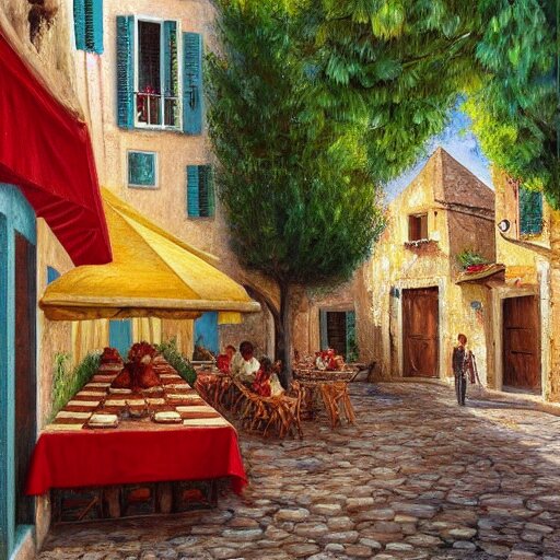 a traditional pizzeria in the street of a small village on the riviera. a terrace in the shade of a hundred - year - old olive tree, a friendly atmosphere around pizzas and rose wine. dolce vita. unreal engine rendering, hyper realist, ultra detailed, oil painting, warm colors, happy, impressionism, da vinci, 4 k, 