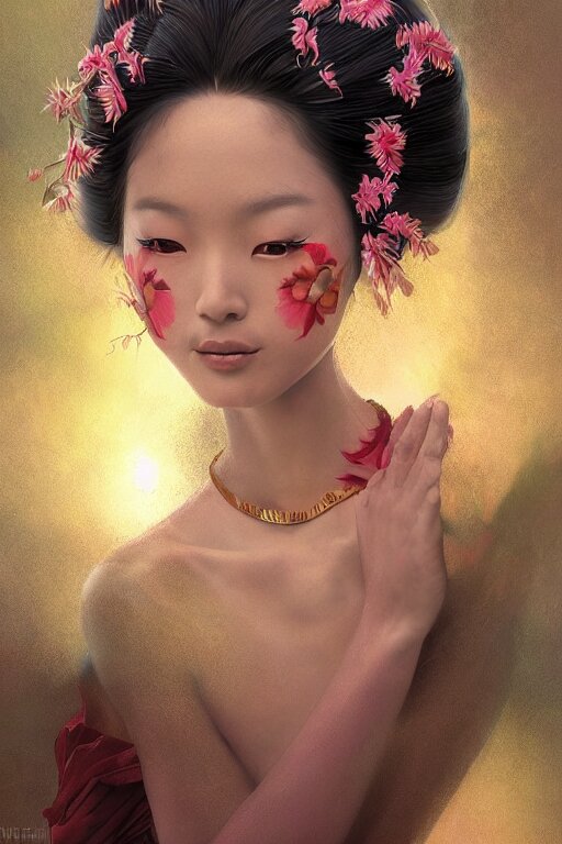 stunningly beautiful, peruvian geisha prima ballerina in jungle, symmetrical face, golden hour, smooth, focus, highly detailed, hyper realistic, dramatic lighting, elegant, intricate, concept art, art by wlop, mars ravelo, greg rutowski, artstation 