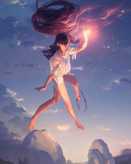 goddess pulling meteors from the sky, ambient lighting, full shot, detailed face, 3 d shading, by makoto shinkai, stanley artgerm lau, wlop, rossdraws 