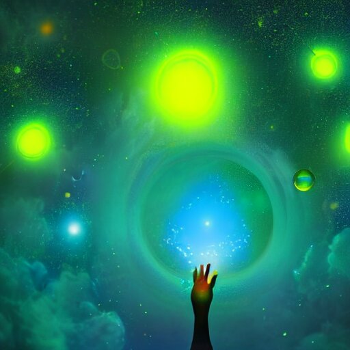 a human hand holding a bunch of glass bubbles in a cosmos space full of stars and vibrant clouds, volumetric light, green and yellow colors, digital art, artstation 