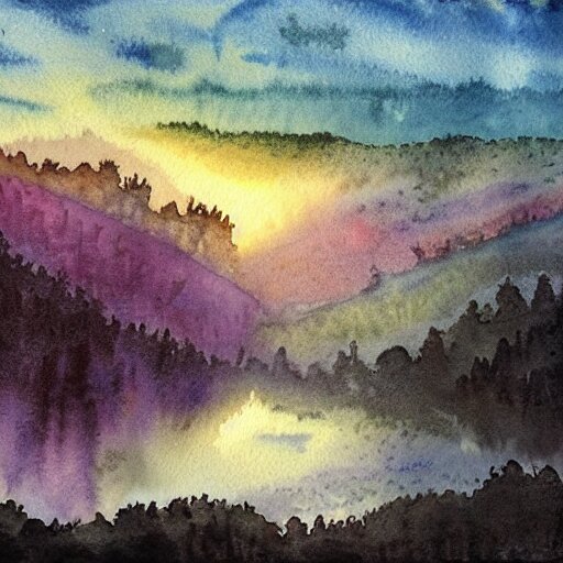 a beautiful watercolor painting an epic appalachian wilderness at dawn, godrays, mystical, deep shadows, epic scale 