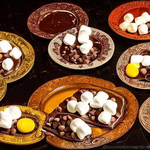 opulent banquet of plates of freshly baked chocolate chip cookies, jelly beans, chocolate sauce, marshmallows, highly detailed, food photography, art by rembrandt 