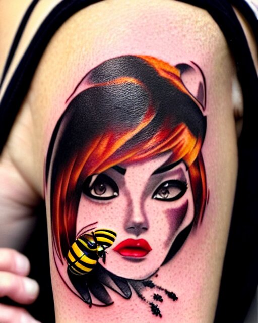 a tattoo of bee movie on the face of a woman with crimson - black hair, cute crimson - black bee - themed outfit, cinematic lighting, beautiful composition 