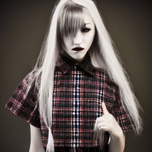 female model teenage goth photography plaid mini skirt band shirt beautiful face, dramatic light darkroom 