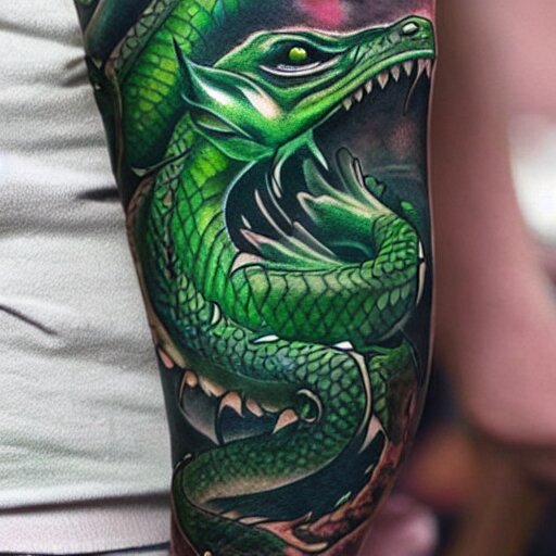 forearm tattoo of a dragon with a green emerald in its mouth, dark and vibrant forearm tattoo