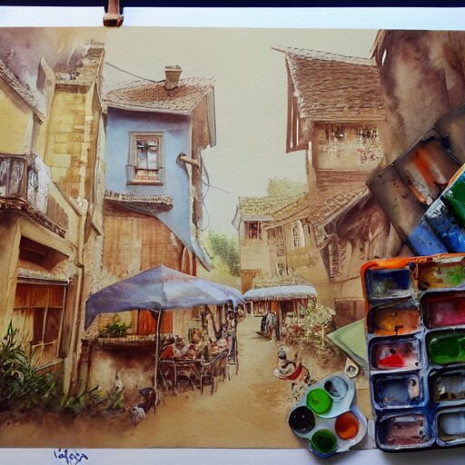 water color on paper, master painter painting a mural, highly detailed, artstation, masterpiece, award - winning, 