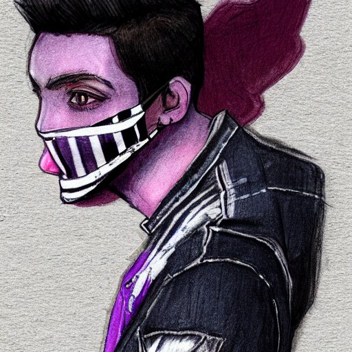 professional sketch of a full-body view of a stylish young adult man with short hair wearing a black face mask, a striped long-sleeved shirt, and ripped jeans, high quality, HD, 8K, highly detailed, award-winning, dark purple clouds