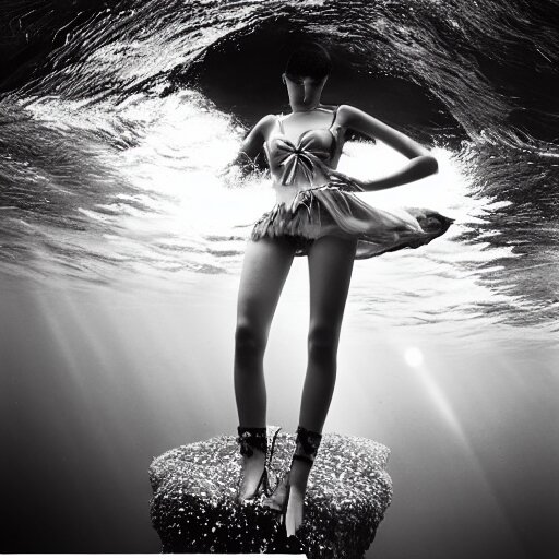 medium format photograph of a surreal fashion shoot underwater 