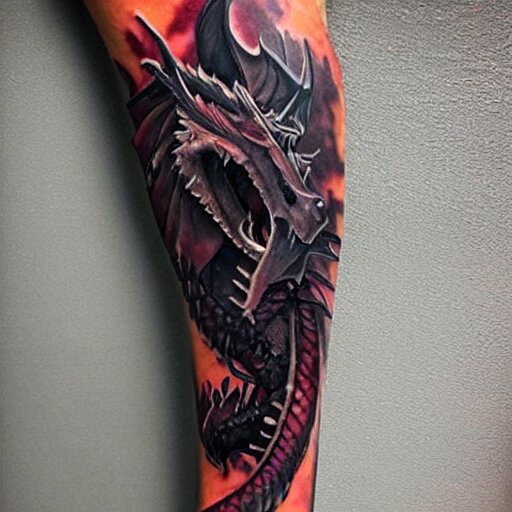 dark and vibrant spiraling fantasy dragon drake wyvern, forearm tattoo