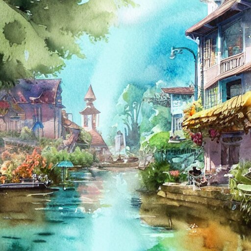 Beautiful happy picturesque charming sci-fi town in harmony with nature. Beautiful light. Water and plants. Nice colour scheme, soft warm colour. Beautiful detailed watercolor by Lurid. (2022)