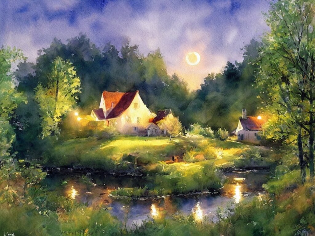 A beautiful night in the swedish countryside, watercolor painting by Vladimir Volegov