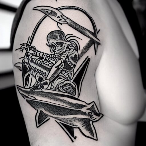 flash tattoo of skeleton riding rocket in the shape of shark, black and white by sailor jerry, curt montgomery, bangbangnyc, ryan ashley, killkenny 