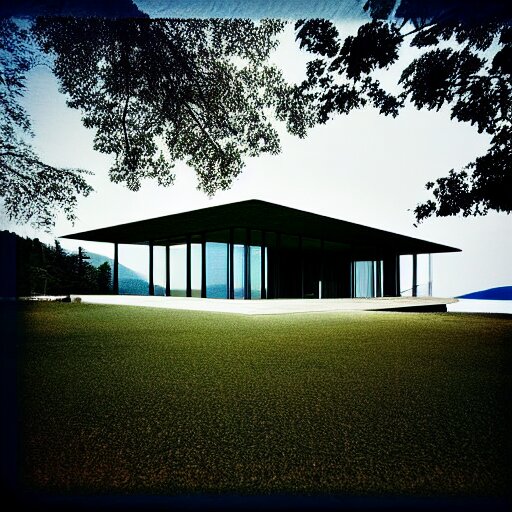 modern house on the lake, artwork by tadao ando, mystic, melancholy, pinhole analogue photo quality, lomography, blur, unfocus, cinematic, foil effect, holographic effect 