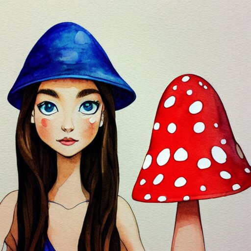 Portrait of a thin girl in full height, elegant pose, a huge toadstool hat on her head, large eyes without a pupil artstation, watercolor, highly detailed,