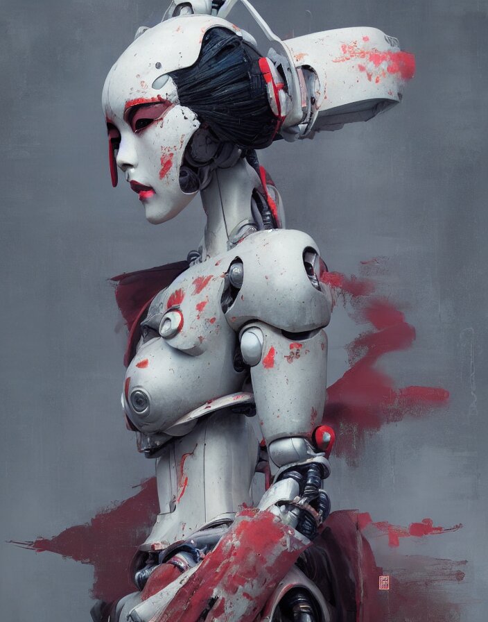 portrait of a geisha robot by greg rutkowski and ruan jia, mecha, washed colors, dark, gloomy, matte painting, unreal engine 5