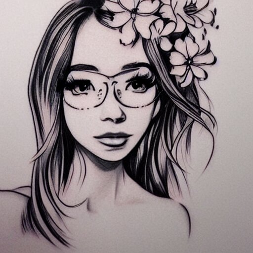 tattoo design, stencil, tattoo stencil, traditional, beautiful portrait of a Belle Delphine with flowers in her hair, upper body, by artgerm, artgerm, artgerm, digital art, cat girl, anime eyes, anime, sexy-s 100