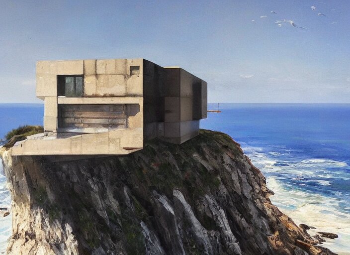 brutalist house, coastal perched on a cliff overlooking a magnificient bay, concept art oil painting by Jama Jurabaev, extremely detailed, brush hard, artstation