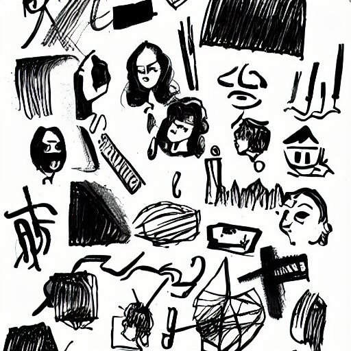 black and white composition of a variety of doodles, drawings, faces, symbols, cartoons, lineart, chinese ink brush 