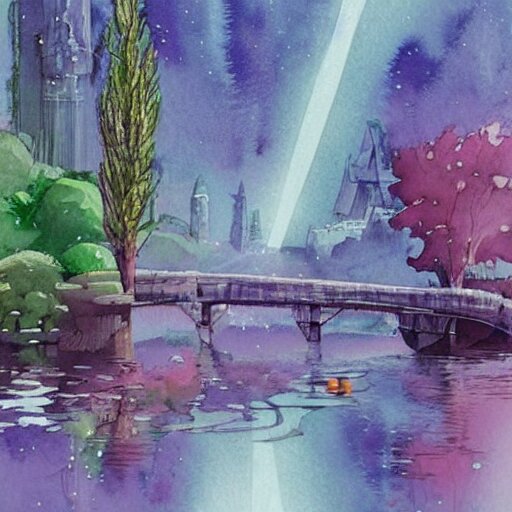 Beautiful happy picturesque charming sci-fi town in harmony with nature. Beautiful light. Water and plants. Nice colour scheme, soft warm colour. Beautiful artistic watercolor by Lurid. (2022)