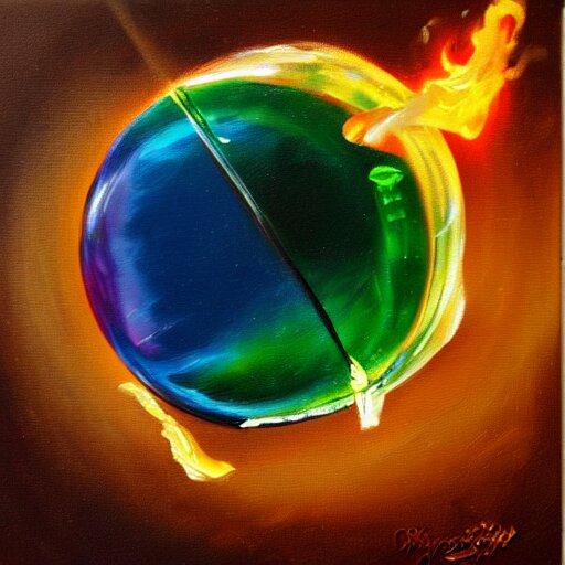 soap bubble with fireball inside, oil painting