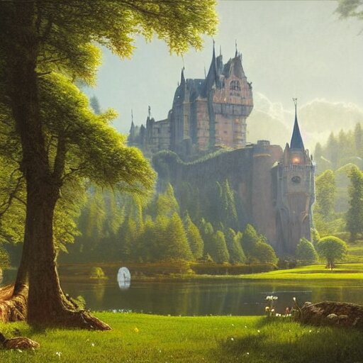 beautiful illustration of a big castle in a serene landscape and a beautiful lake, green grass and trees, blue sky, by albert bierstadt, highly detailed, crystal lighting, mystical, forest, hyperrealistic, 4 k, unreal engine, magical, by joe fenton, by greg rutkowski, by greg tocchini, by kaws, by kate beaton, by kaethe butcher 