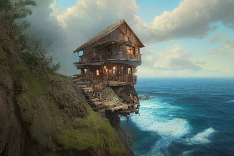 lovely a - frame home sits atop a broad cliff, overlooking the entirety of the blue sky, digital painting by greg rutkowski and gaston bussiere, zbrush, cgsociety contest winner, comprehensive art, intricate, landscape photography, brightly radiant atmosphere, overcast sky, homogeneous to hawaii, 4 k, 8 k 