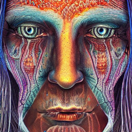 dark portrait of one Bioluminescent old shaman, with cracked reaction diffusion semi-transparent skin. multicolored fish scales, closeup. long dark hair with insects. realistic. intricate, very detailed, by alex grey and Moebius