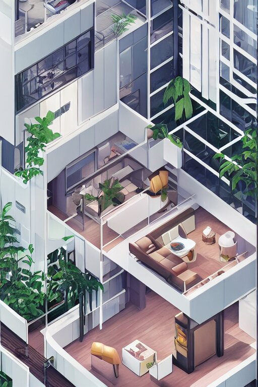 isometric interior of luxury condominium with minimalist furniture and lush house plants | modern architecture by makoto shinkai, ilya kuvshinov, lois van baarle, rossdraws and frank lloyd wright 