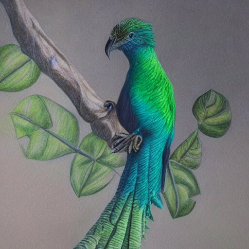 a color pencil drawing of a quetzal by natalia rojas and ana maria martinez jaramillo, pastel colors, in the style of wingspan artworks, realistic graphite, high quality, artstation, 4 k, realism, photorealism, extremly fine art 