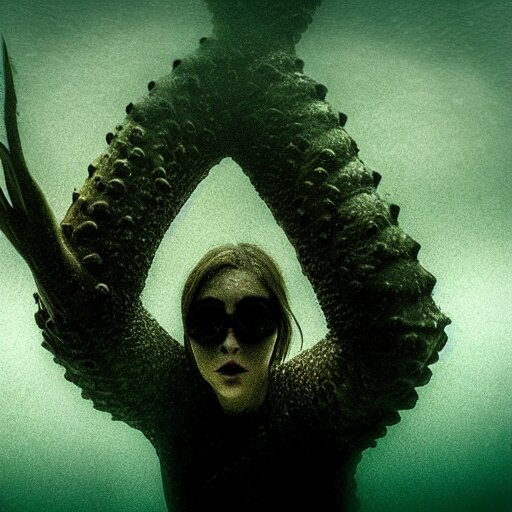 sea monster, wide angle, pov underwater, pale skin, dark, foggy water, dramatic,'silent hill ', big eyes, terrifying, horrific, cinematic 