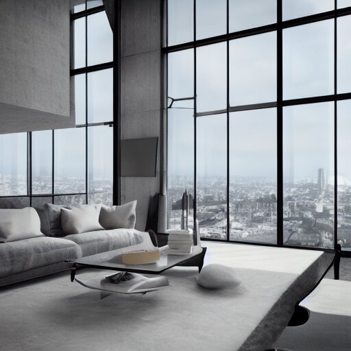 brutalist penthouse open living room, big windows, showing city landscape on background, minimalist architecture, minimalist furniture, octane render, high quality, 8 k, post production 