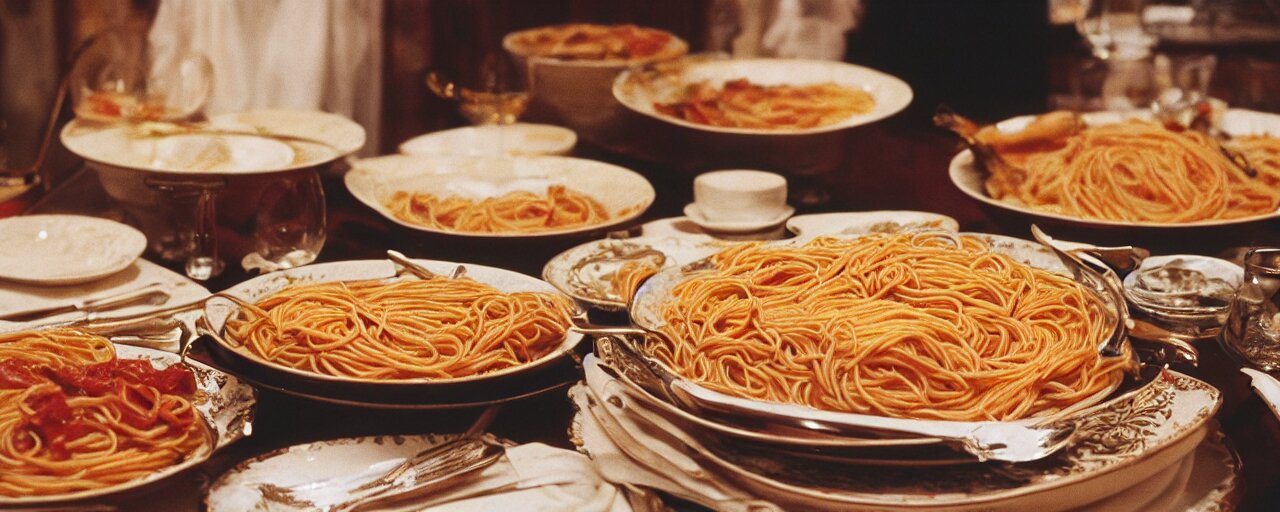 a large bowl of spaghetti, beautifully plated on a full buffet table, small details, intricate, sharply focused, canon 5 0 mm, wes anderson film, kodachrome 