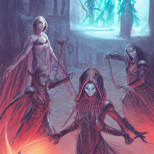 female acolytes using demonic summoning circle to summon a demonic knight. incredible detail. by magali villeneuve and by wlop 