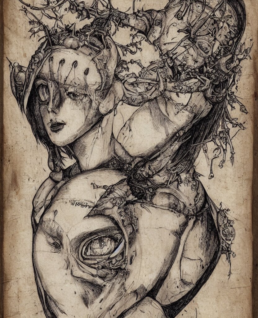 fantasy, symmetrical beautiful human face, front view, female humanoid creature, plant armour, wide intricate horned insect head piece covering forehead, button nose, full lips, muscular, large cute anime eyes, stylised, torso and head, bust, diagram, greys anatomy book, on old distressed parchment paper, watercolour, by brian froud and boichi 