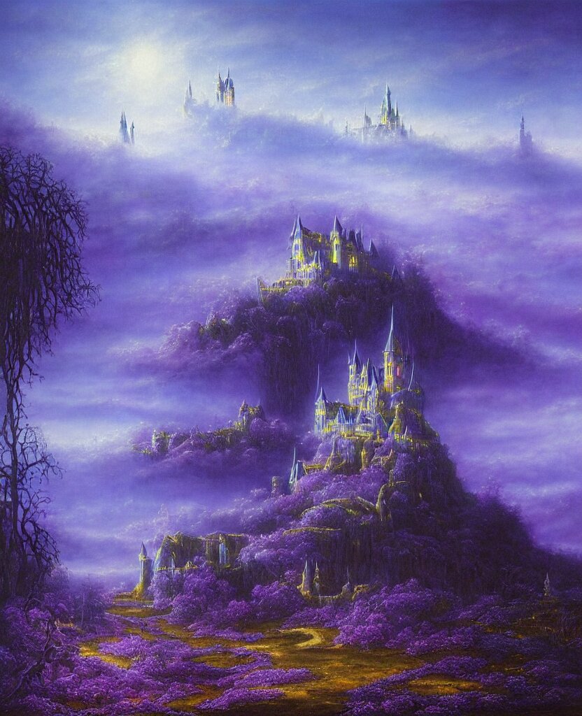 beautiful matte airbrush painting of a of a fantasy landscape with a european medieval castle made of light in the distance enveloped in trails of colorful animal ghosts floating around it, clear painting and good lighting, dark blue and intense purple color palette, mystical fog, art by gilbert williams, yoshitaka amano, high quality 