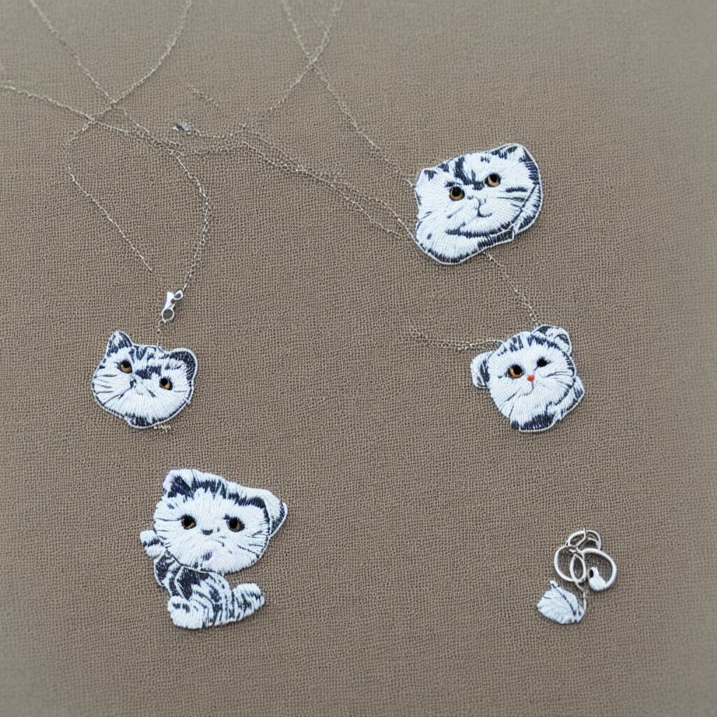 Scottish fold patterned silver embroidered necklace